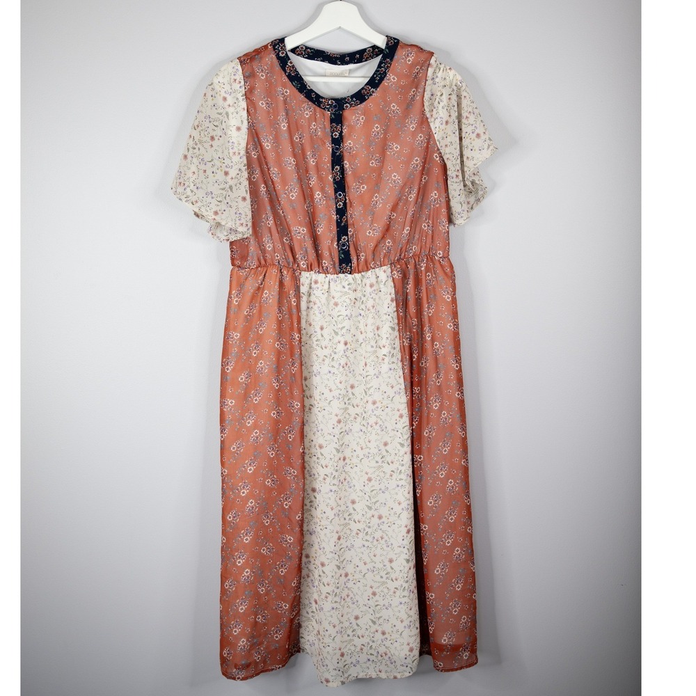 Roolee Floral Midi Dress Womens Size M Rust Cream Mixed Print Good Cottagecore